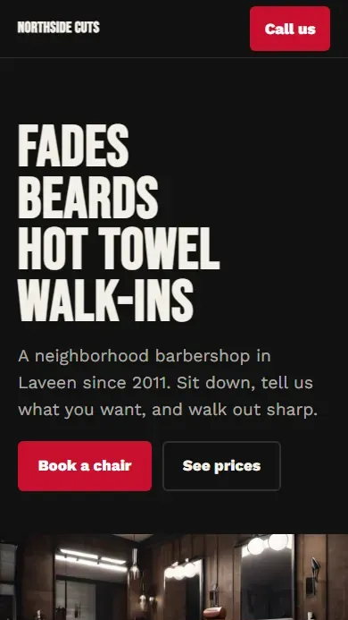 Northside Cuts, a sample barbershop website, shown on a phone