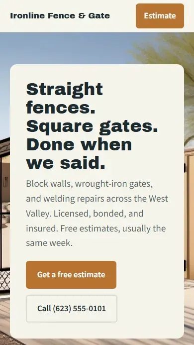 Ironline Fence & Gate, a sample fence contractor website, shown on a phone