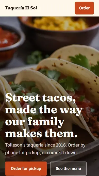 Taquería El Sol, a sample taqueria website, shown on a phone
