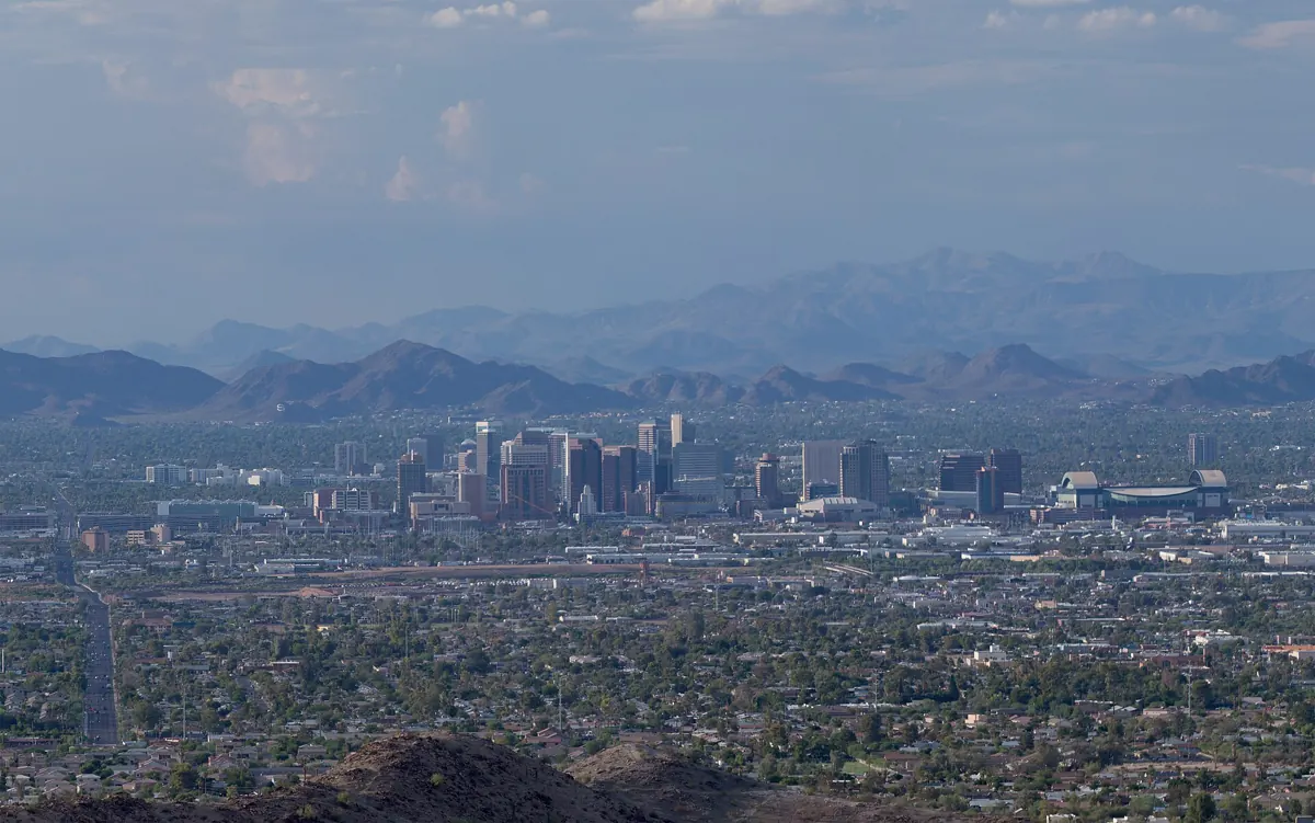 The Phoenix skyline and the valley around it, seen from South Mountain on a clear day