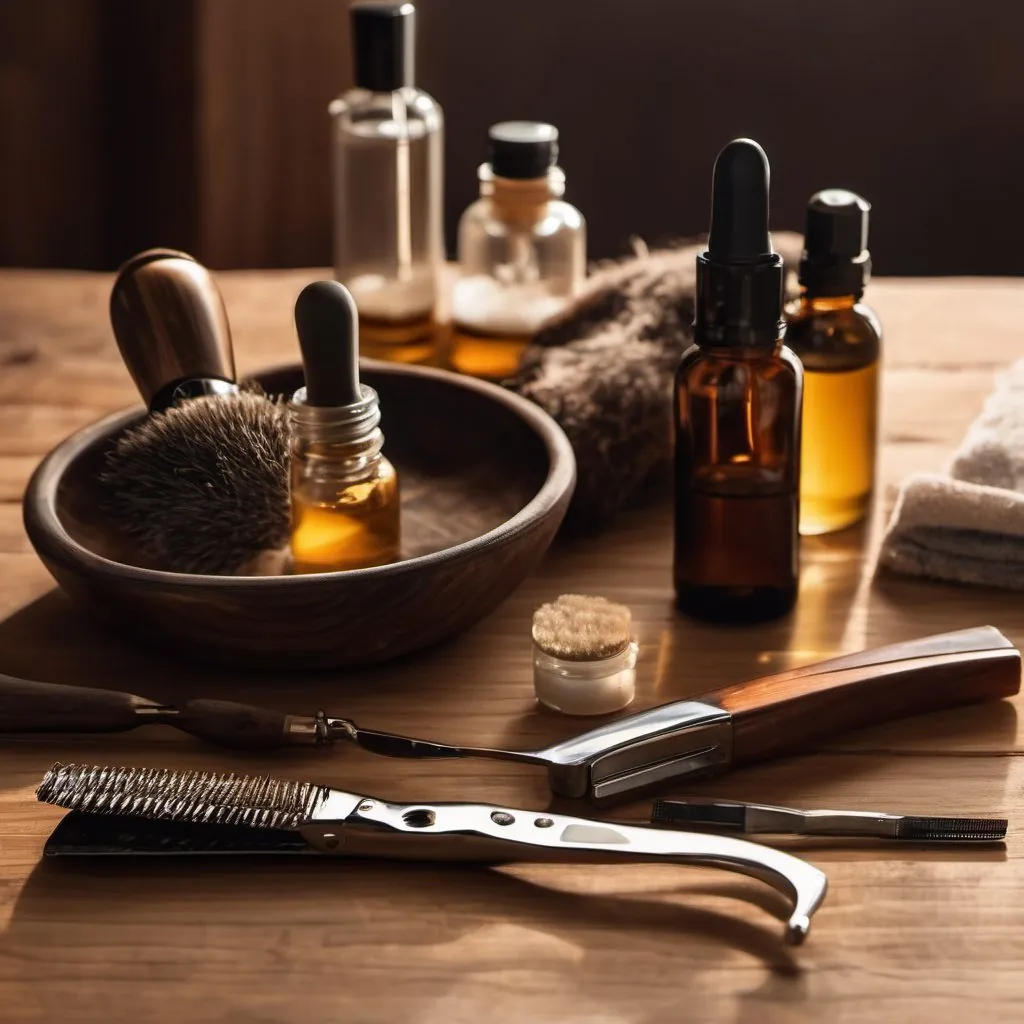Clippers, razor, and beard oil on the counter.