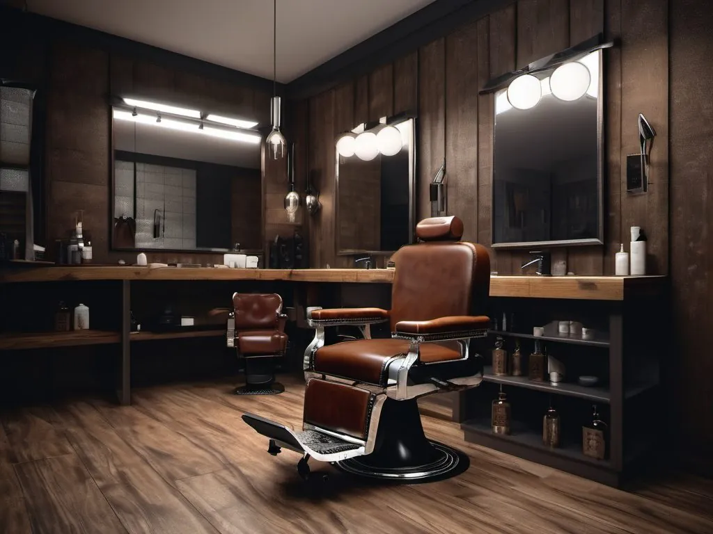 The shop: leather chairs, dark wood, warm light.
