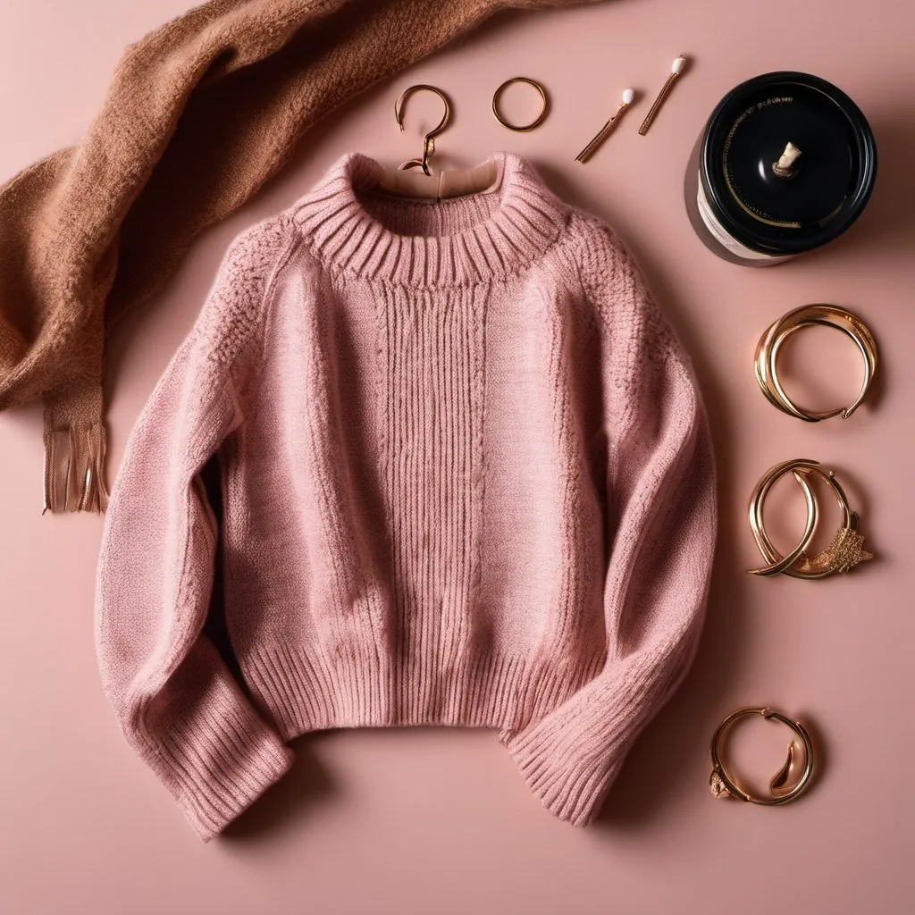 A knit sweater, gold earrings, a leather bag, and a candle.