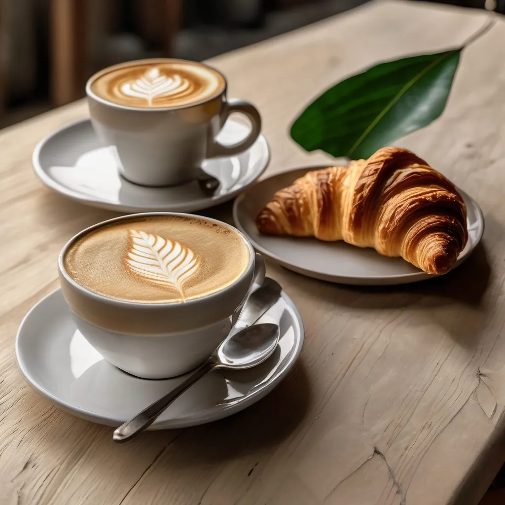 A latte with leaf art beside a croissant.