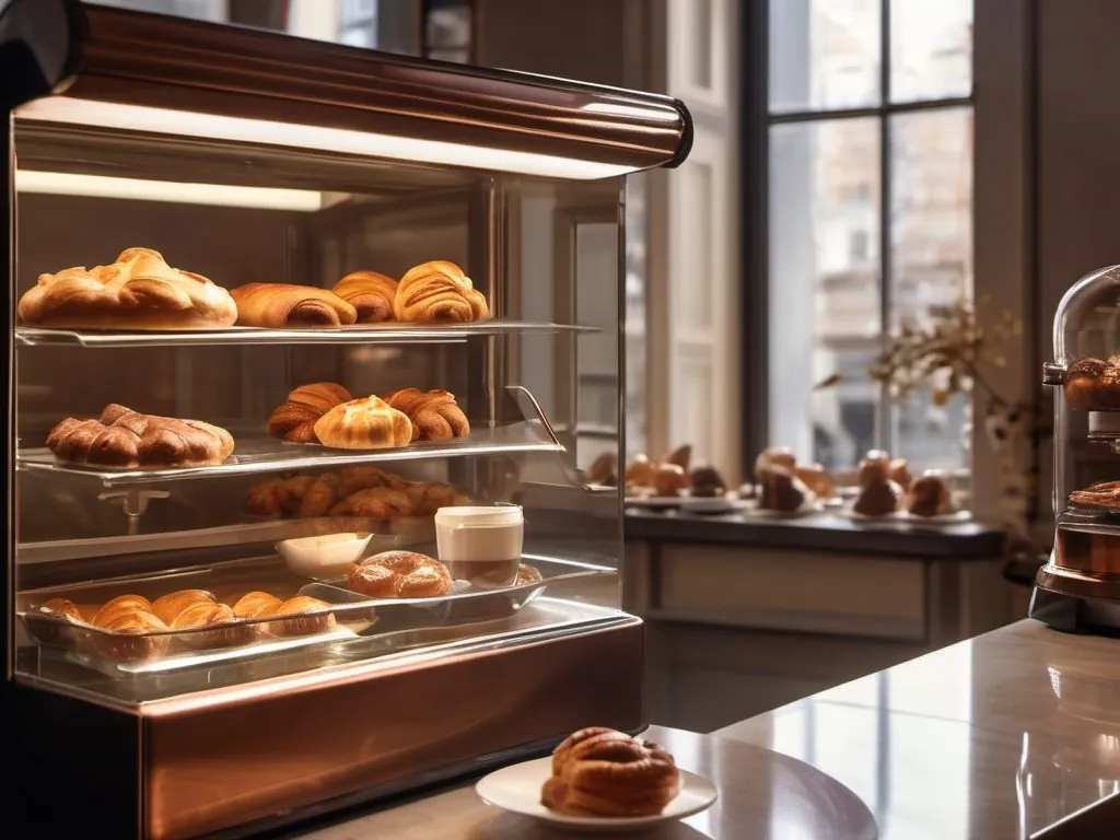 The pastry case and the copper espresso machine in morning light.