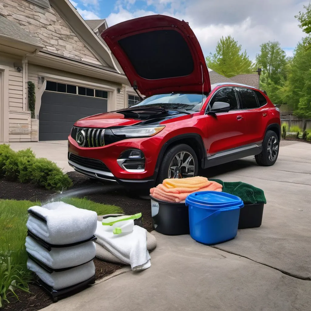 The mobile setup: pressure washer, foam cannon, and towels.