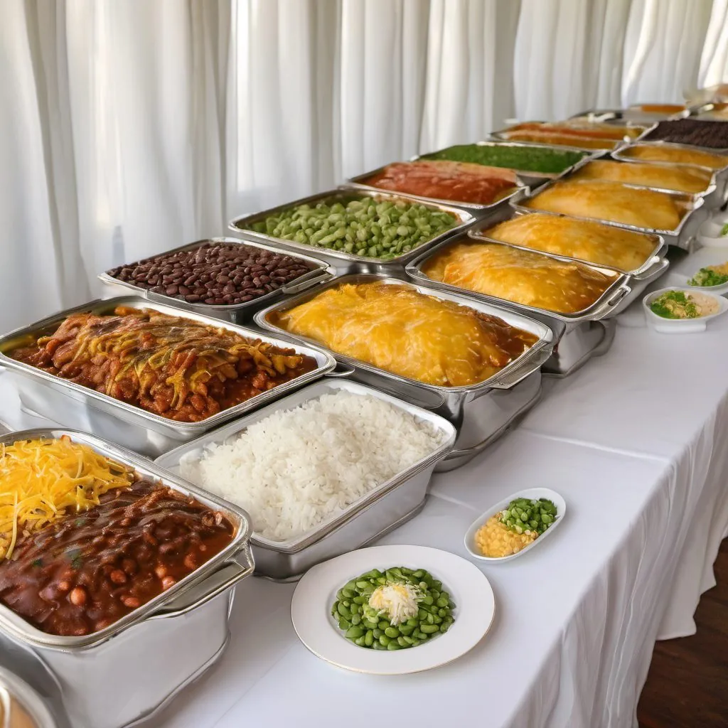 Catering trays of enchiladas, rice, and beans on a buffet table.