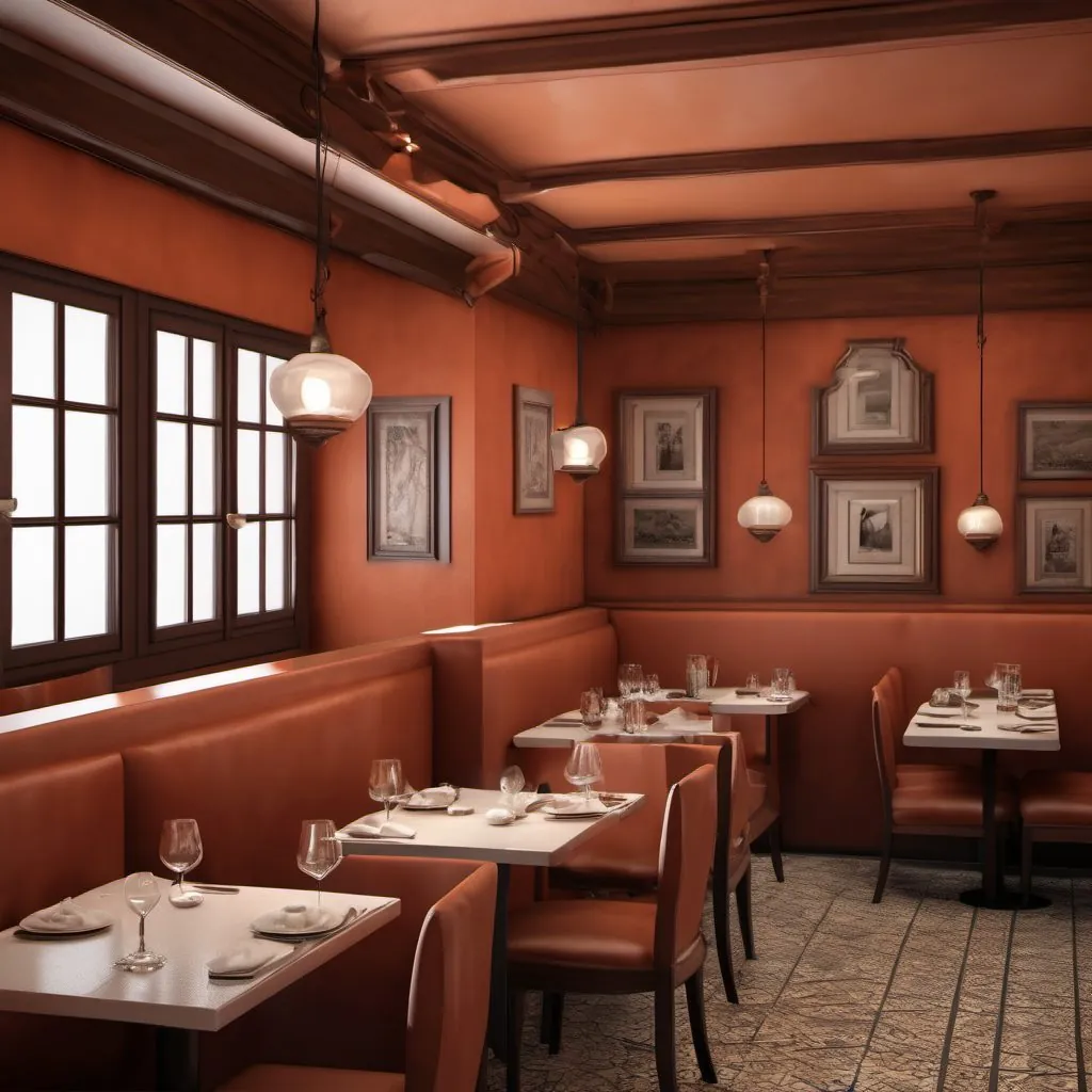The dining room with booths and terracotta walls.