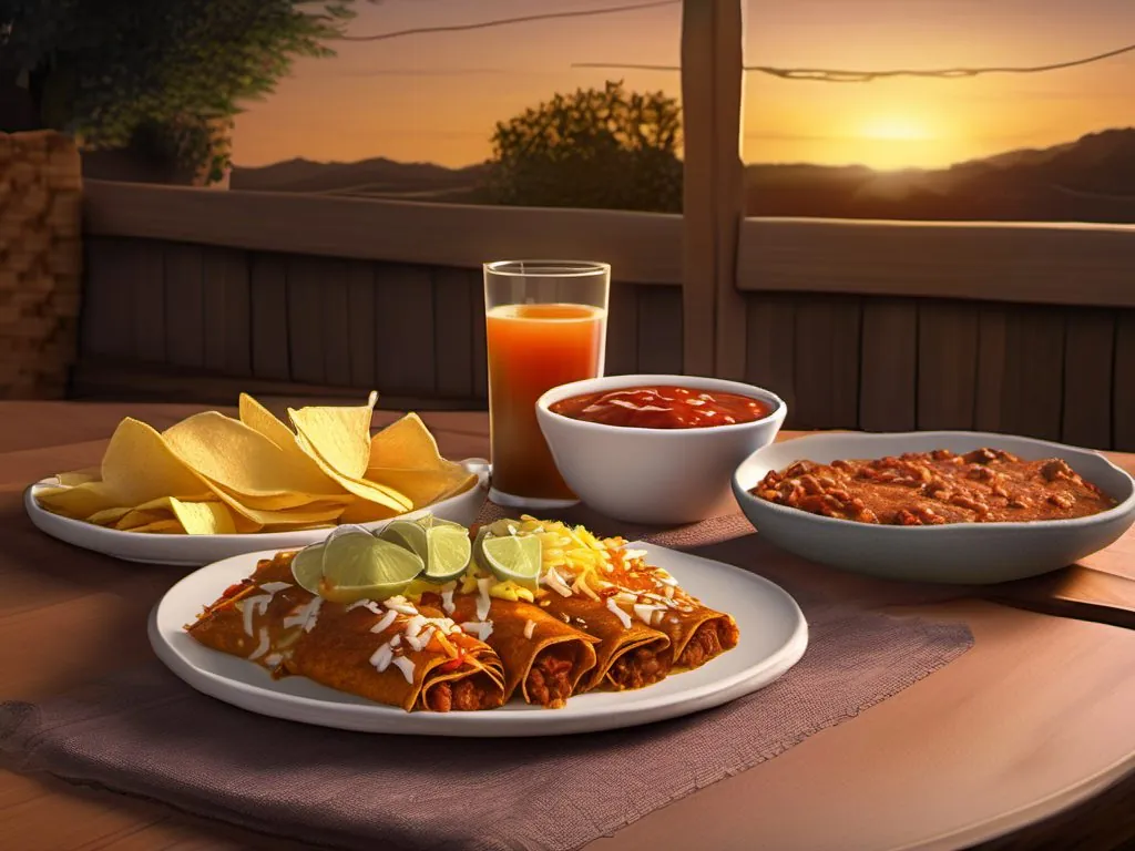 A table set with enchiladas, rice and beans, and chips and salsa.