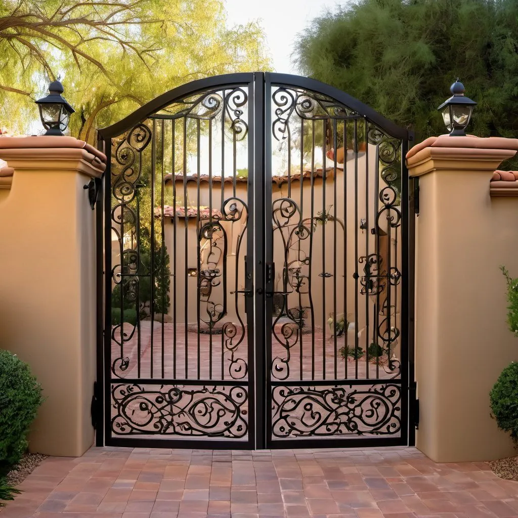 Custom courtyard gate with scrollwork.