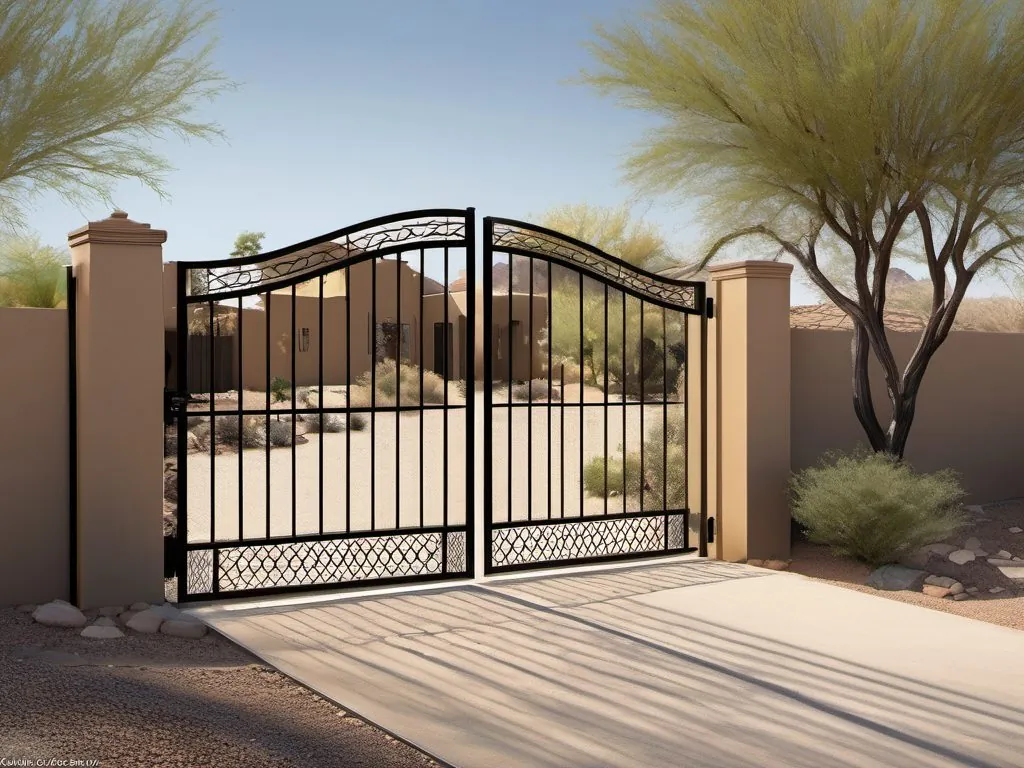Double iron gate across a driveway with block walls.