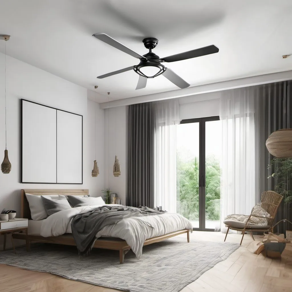 A new ceiling fan in a bright bedroom.