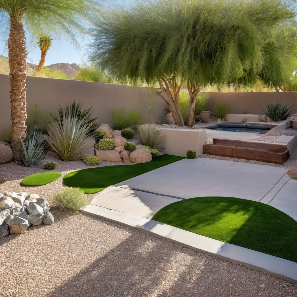 The same kind of yard after: turf, pavers, and desert plants.