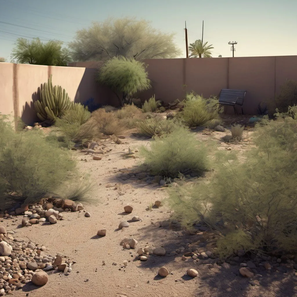 An overgrown gravel yard before cleanup.