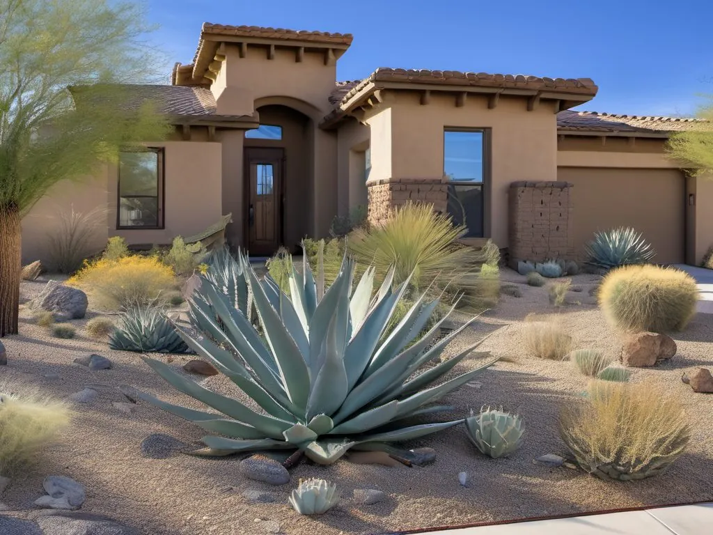 A finished desert front yard with agave, saguaro, and a paver walkway.