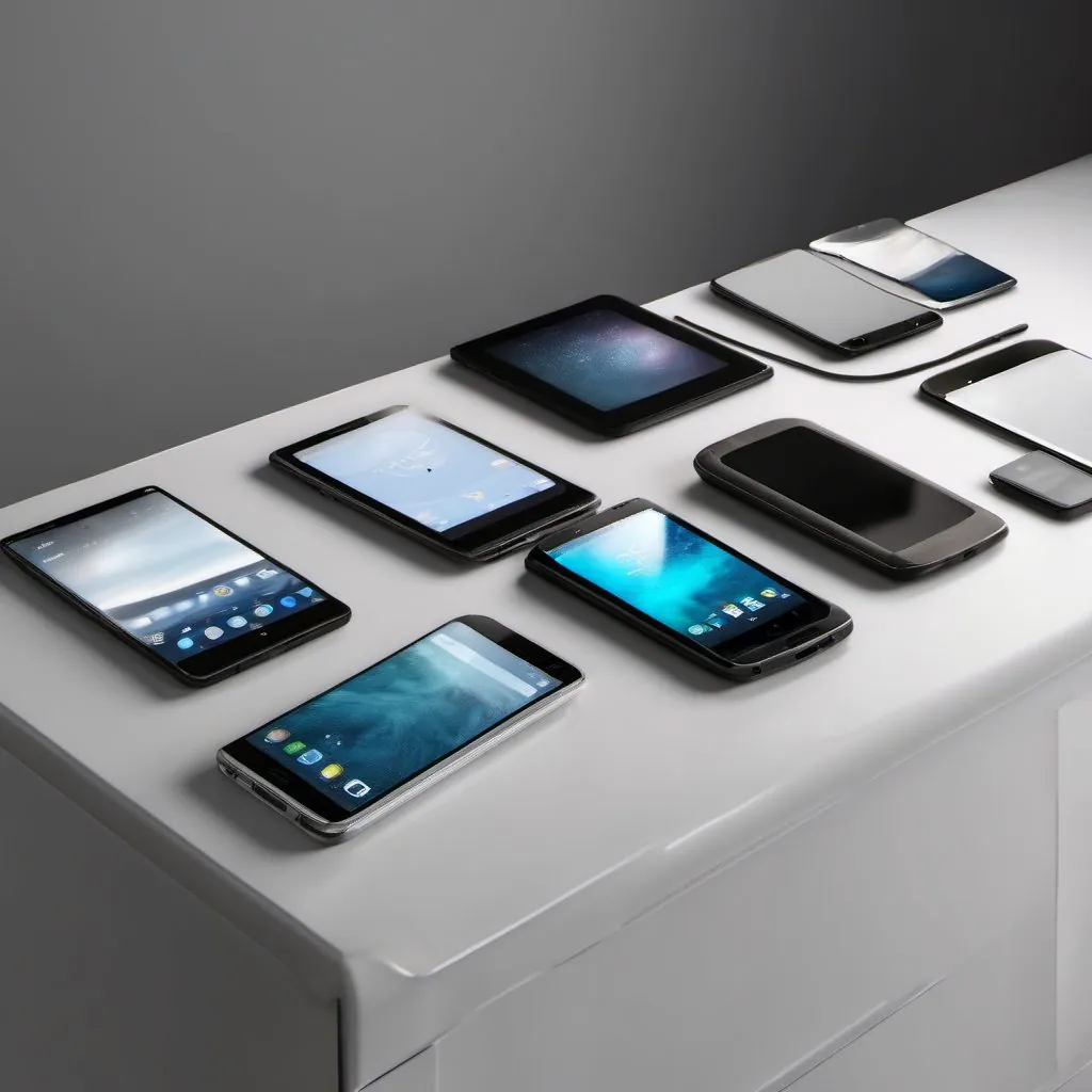 Refurbished phones and tablets lined up on the counter.