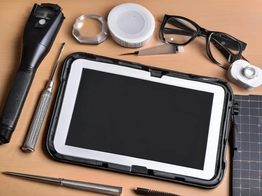 A phone open on the repair bench under the magnifier lamp.