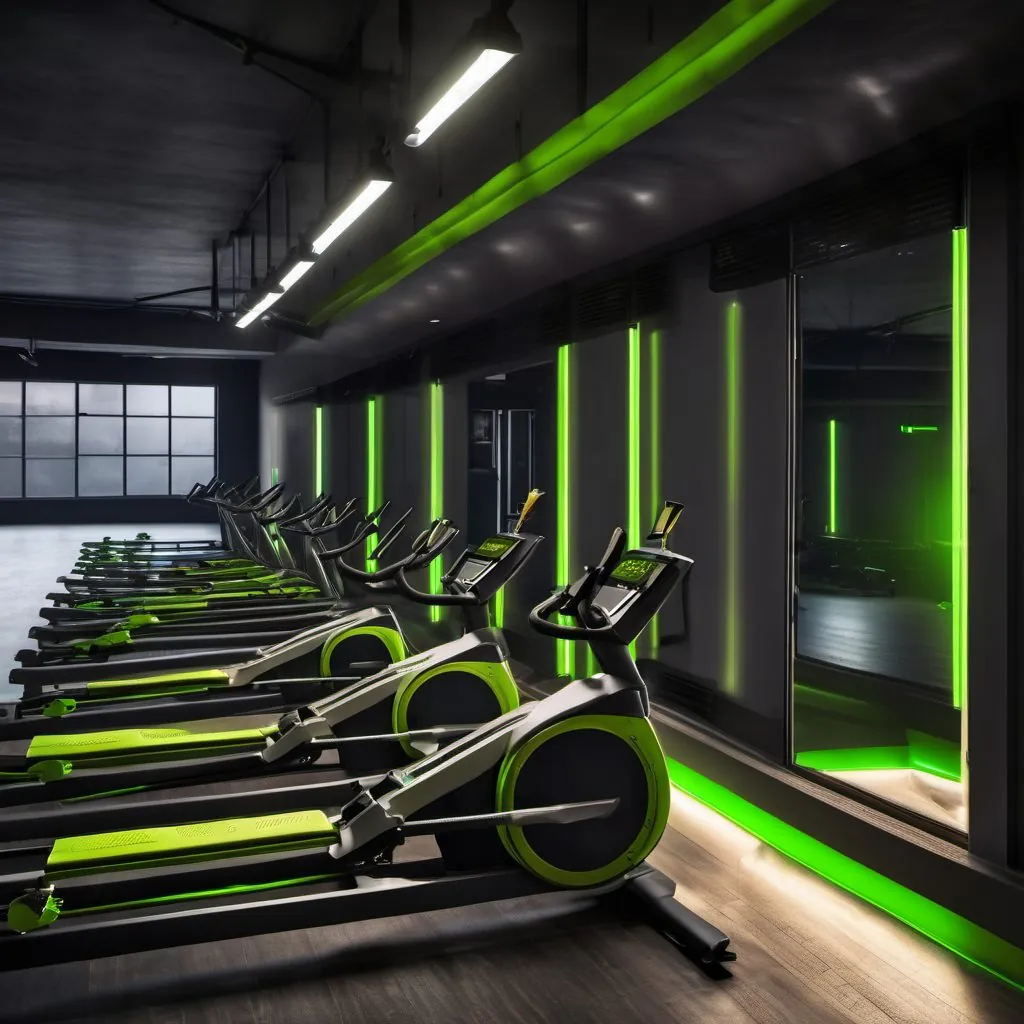 A row of rowing machines under lime accent light.
