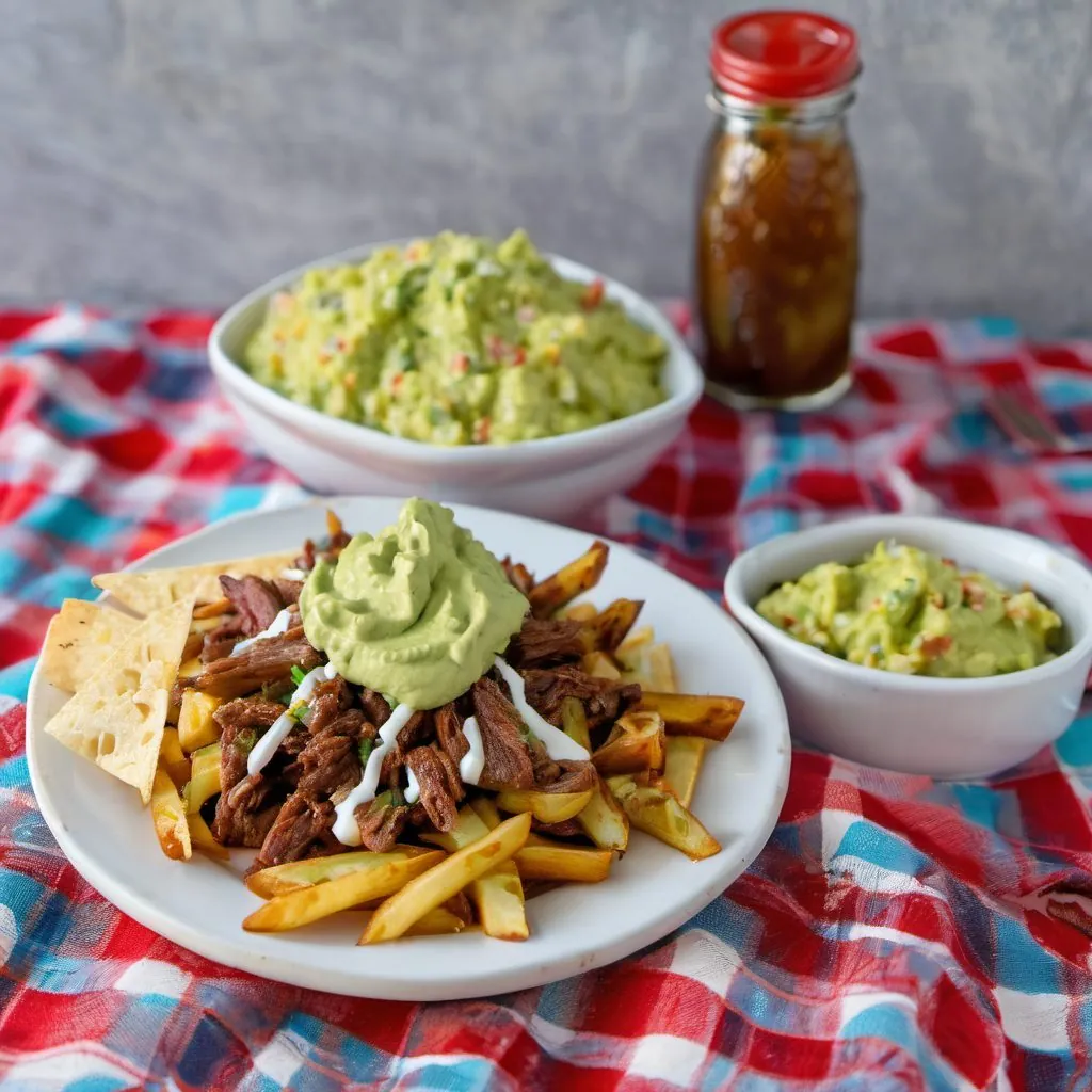 Carne asada fries with guacamole and crema.