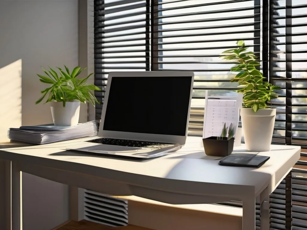 A tidy desk with folders, a calculator, and morning light.