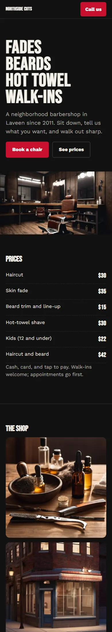 Northside Cuts, a sample barbershop website, full page