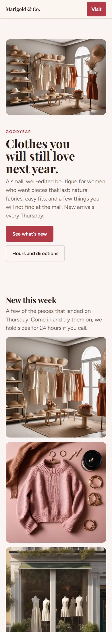 Marigold & Co., a sample boutique website, full page