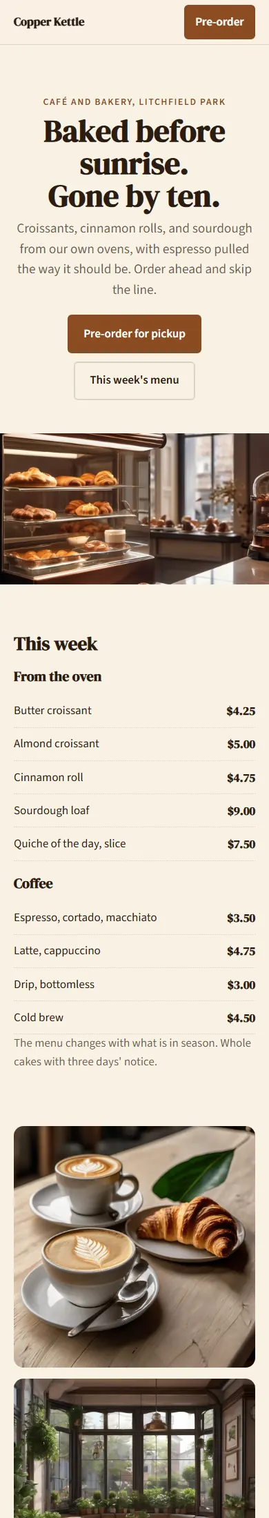 Copper Kettle, a sample café and bakery website, full page