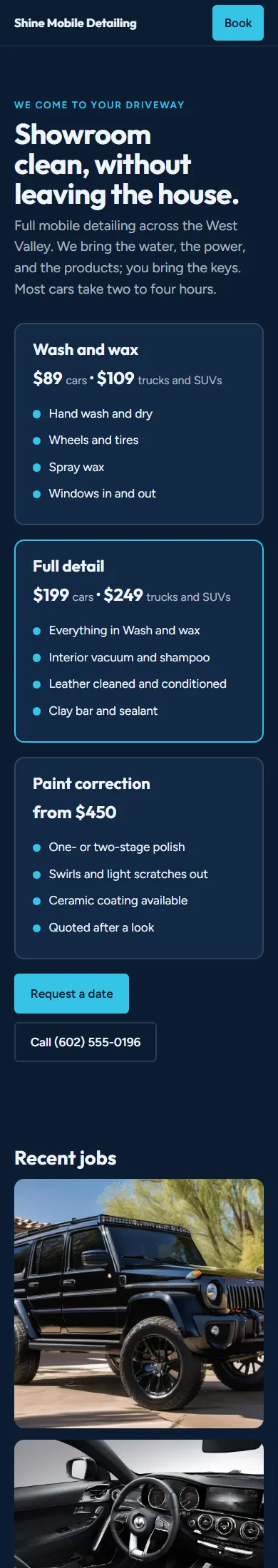 Shine Mobile Detailing, a sample mobile detailing website, full page