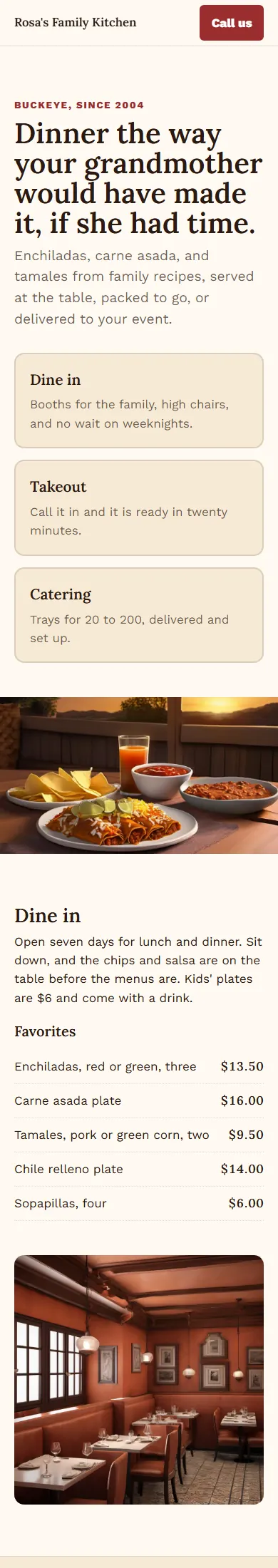 Rosa's Family Kitchen, a sample family restaurant website, full page