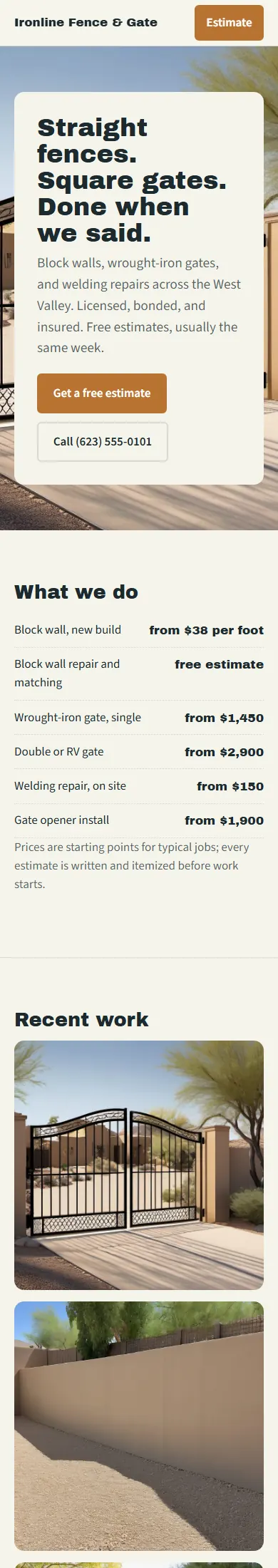 Ironline Fence & Gate, a sample fence and gate contractor website, full page