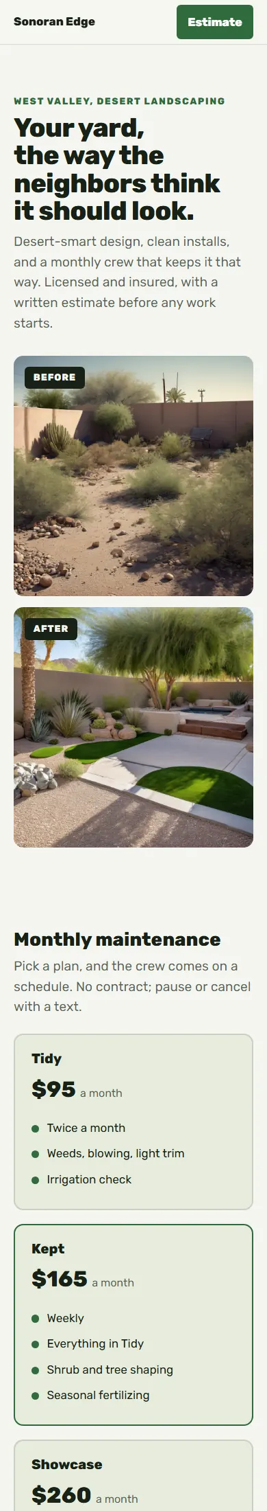Sonoran Edge, a sample landscaper website, full page