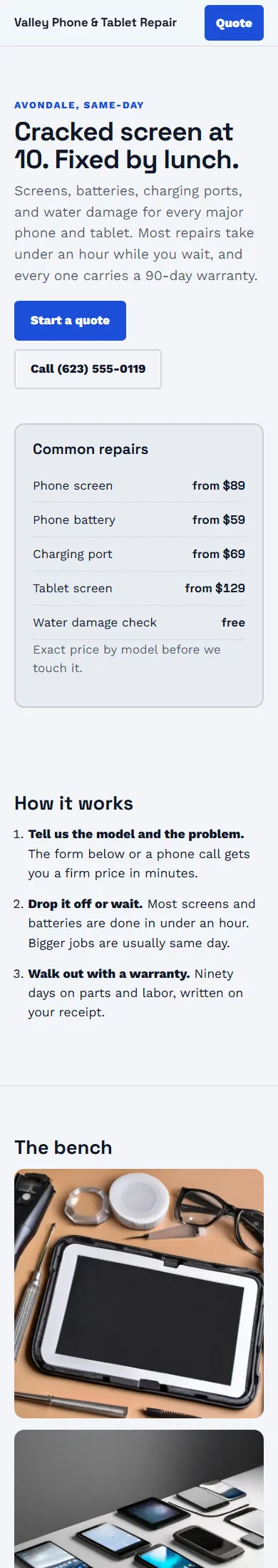 Valley Phone & Tablet Repair, a sample repair shop website, full page