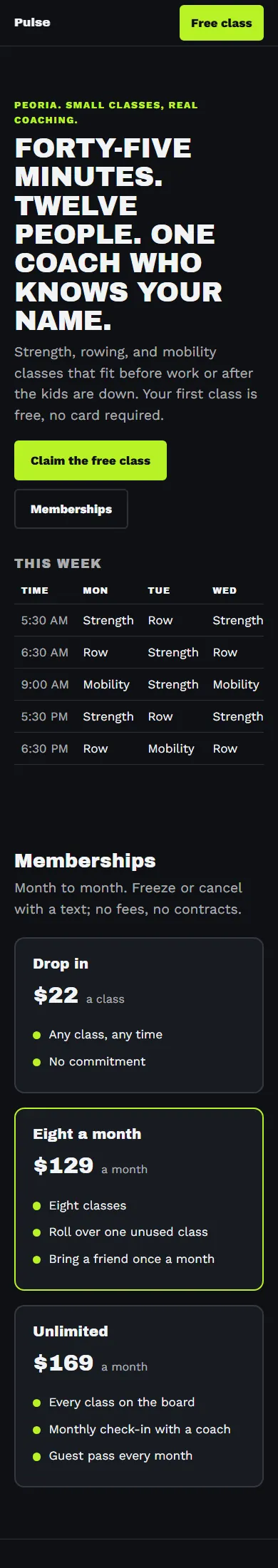 Pulse, a sample fitness studio website, full page
